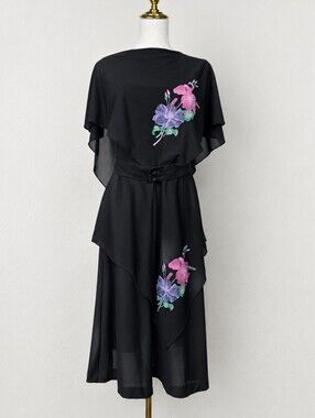 Vintage 1970s Gilberti Black Chiffon Cape Dress Embroidered Hibiscus Floral USA